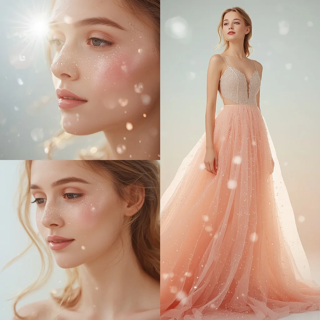 Beautiful Girl in Radiant Gown with Glistening Dewdrop Overlays | prompt for traditional look for girl — AI image prompt