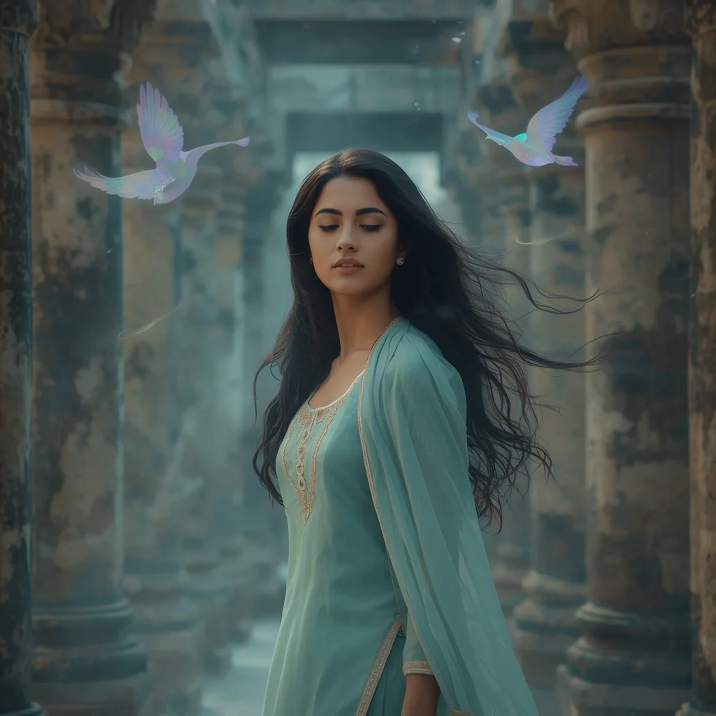Beautiful Woman Ancient Temple Whispering Winds Ethereal Glow | ai portrait prompt — AI image prompt
