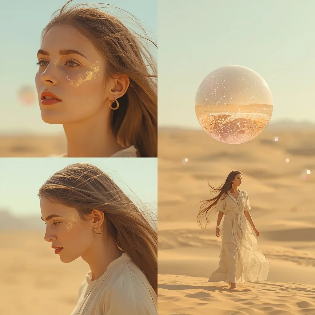 Beautiful Woman in an Open Desert with Floating Mirage Oases | New instagram trend prompt for girl aesthetic — AI image prompt