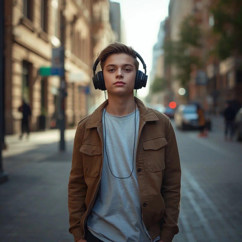 Boy with Headphones Listening to Music in Urban Scene Modern Youth | New Instagram trend prompt for boy — AI image prompt