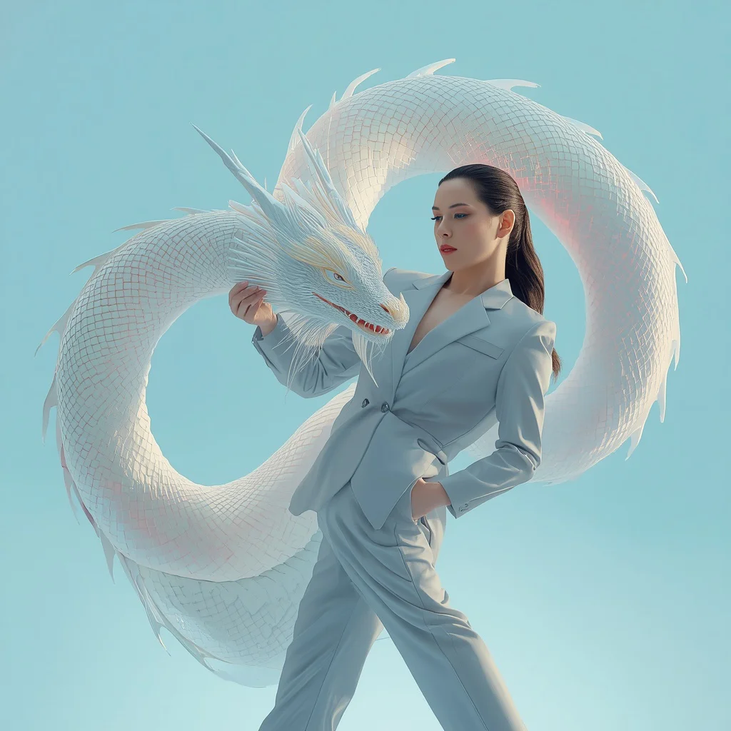 Elegant Woman Silk Dragon Flow Mythical Creature Interaction Fashion | fantasy ai prompt — AI image prompt