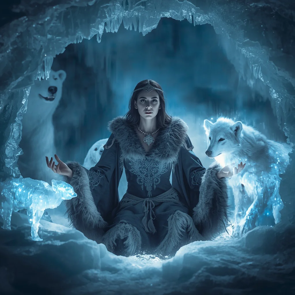 Woman as Arctic Shaman in Ice Cave with Spirit Animals Ethereal | Best prompt for traditional look for girl chatgpt — AI image prompt