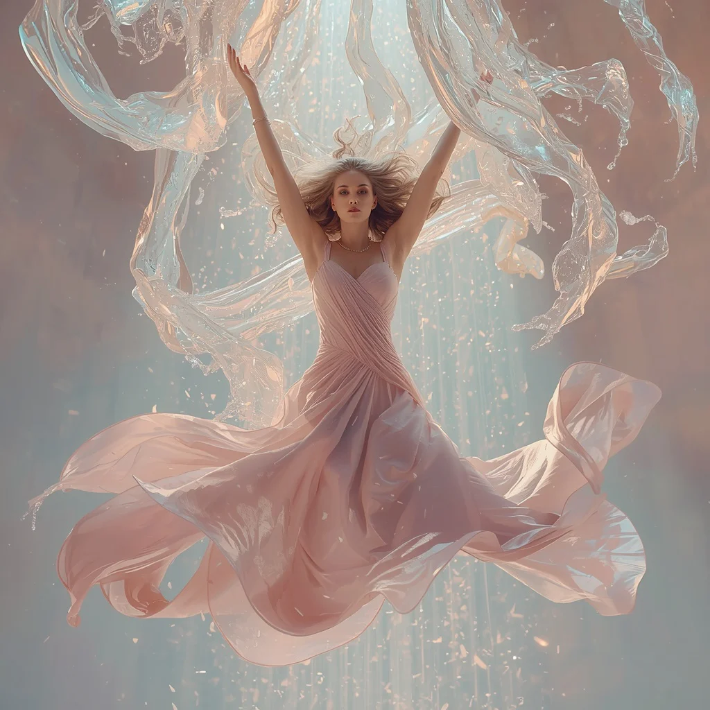 Woman Embracing Zero-Gravity Liquid Crystal Cascade Ethereal Form | South Indian prompt for gemini girl Instagram — AI image prompt