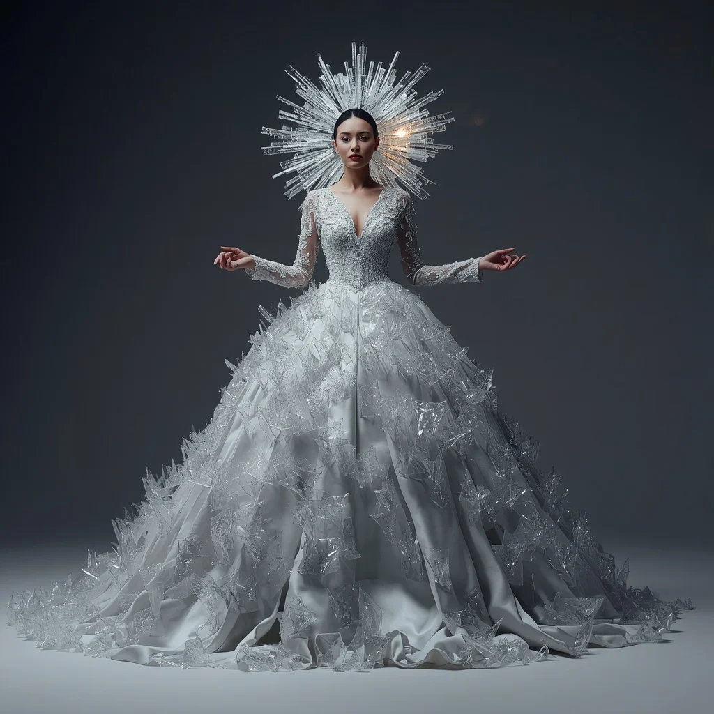 Woman in Haute Couture Gown with Floating Glass Shards | ChatGPT photo editing prompts for girl — AI image prompt
