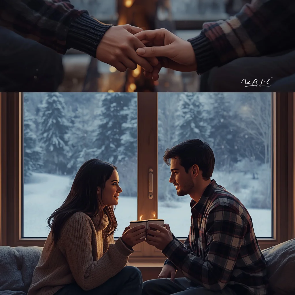 A Cozy Cabin Snowfall: A Warm Couple's Winter Retreat — AI image prompt