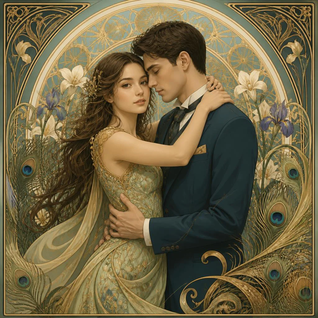 Art Nouveau Elegance: A Couple's Romantic Poster — AI image prompt