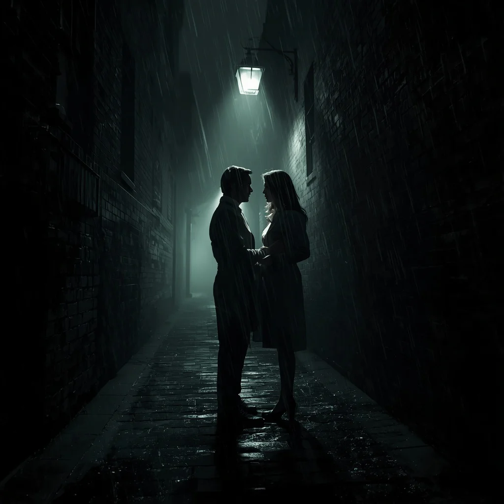 Film Noir Alleyway Mystery: A Couple's Dramatic Encounter — AI image prompt