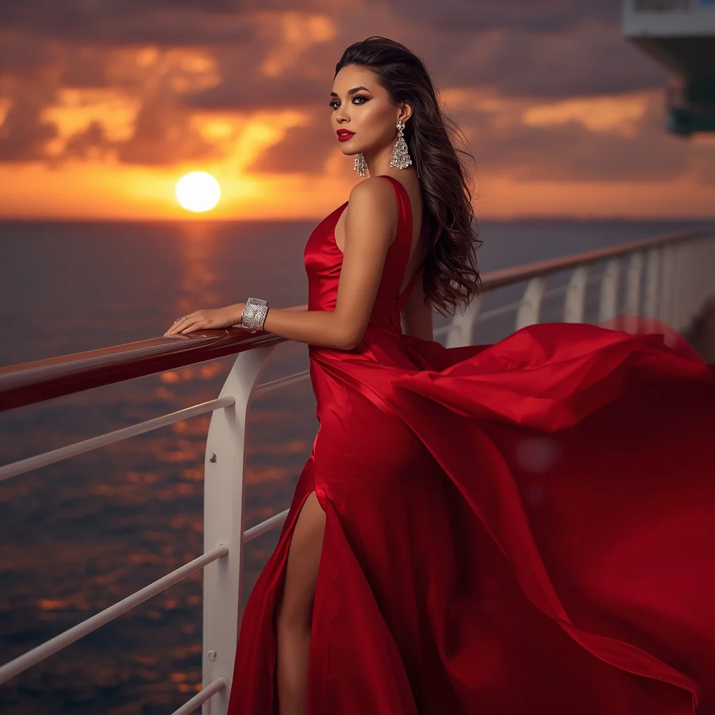 Glamorous Cruise Ship Gala: A Flowing Silk Evening Gown — AI image prompt
