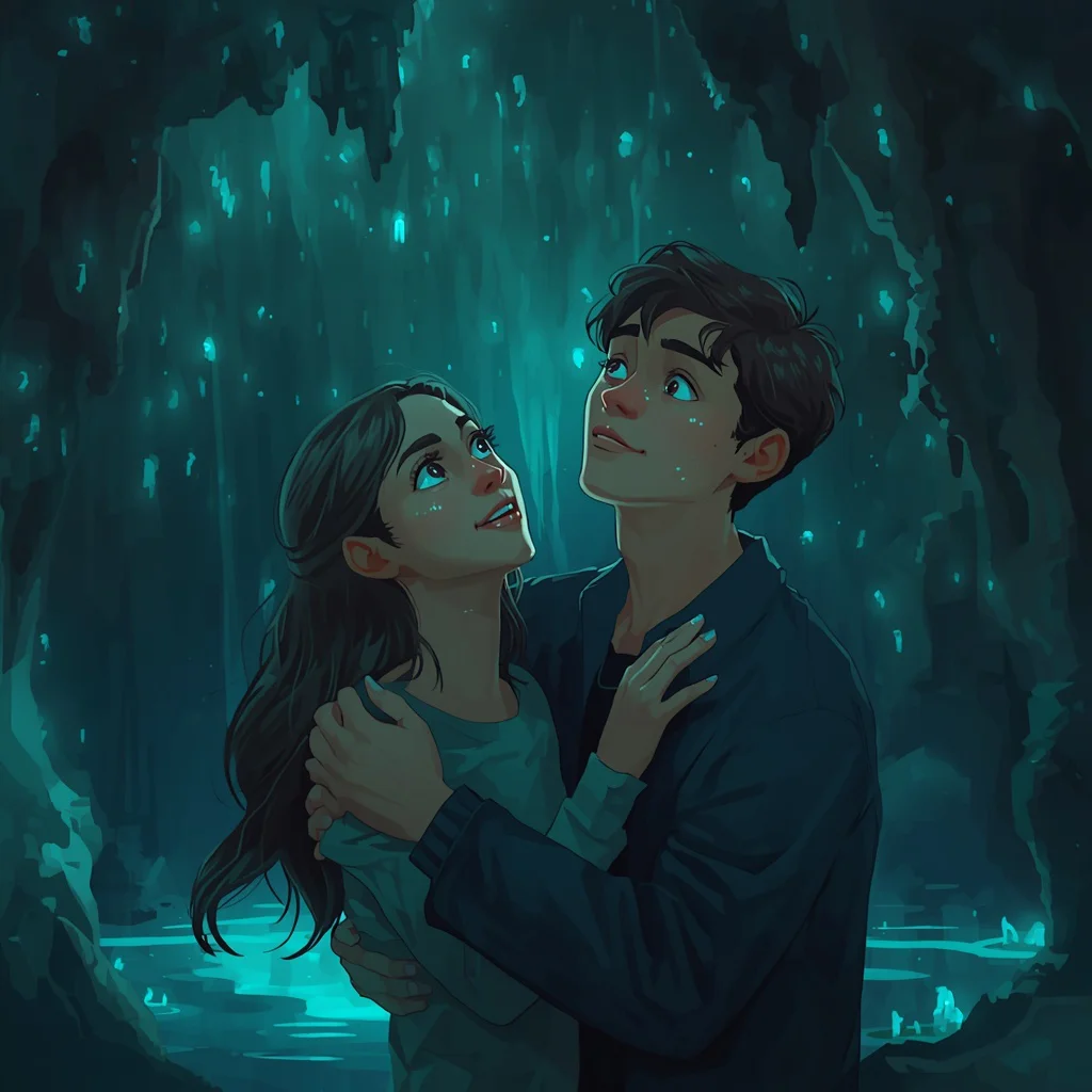 Magical Glowworm Cave: A Luminous Couple's Encounter — AI image prompt