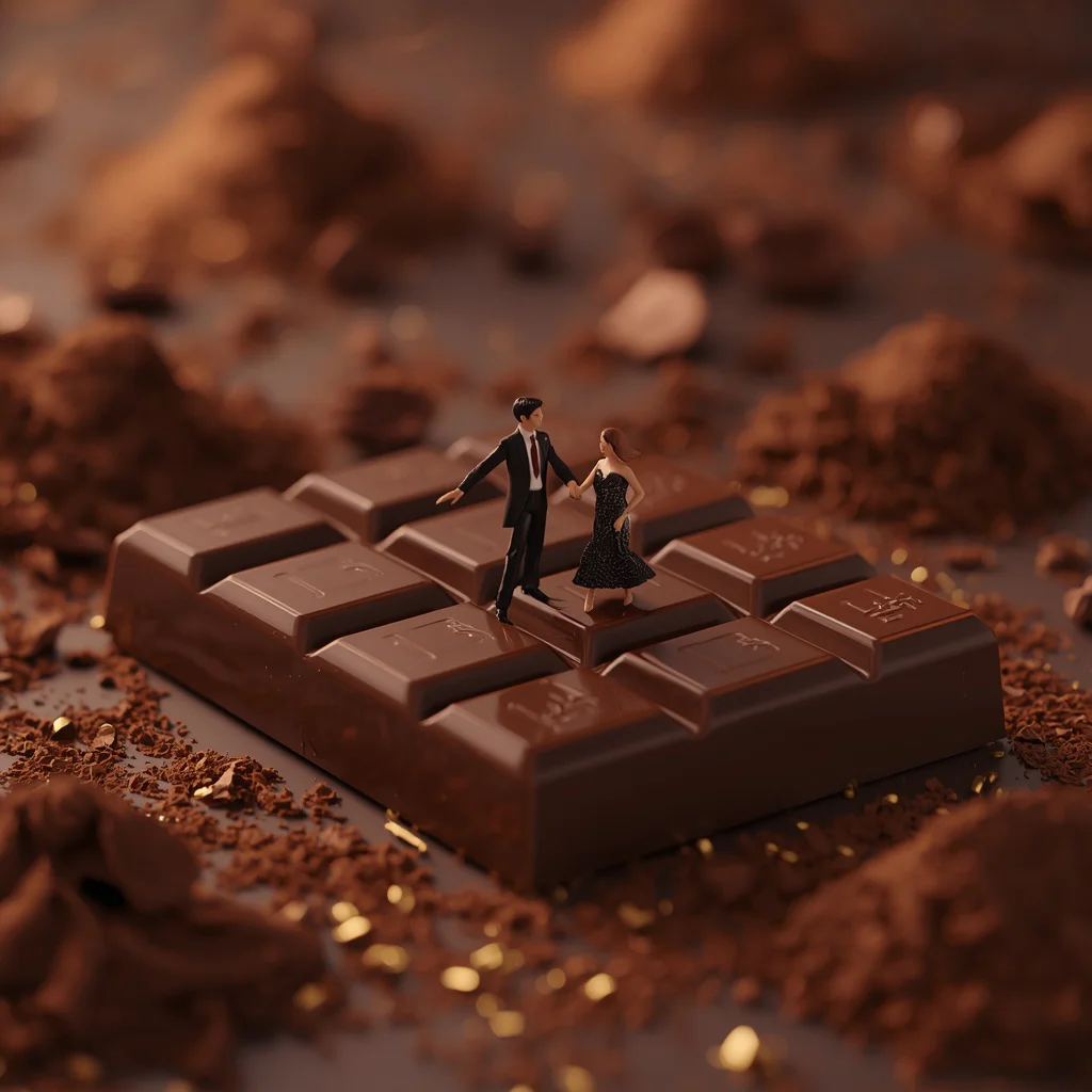 Miniature Couple Gracefully Dancing on a Giant Chocolate Bar Stage — AI image prompt