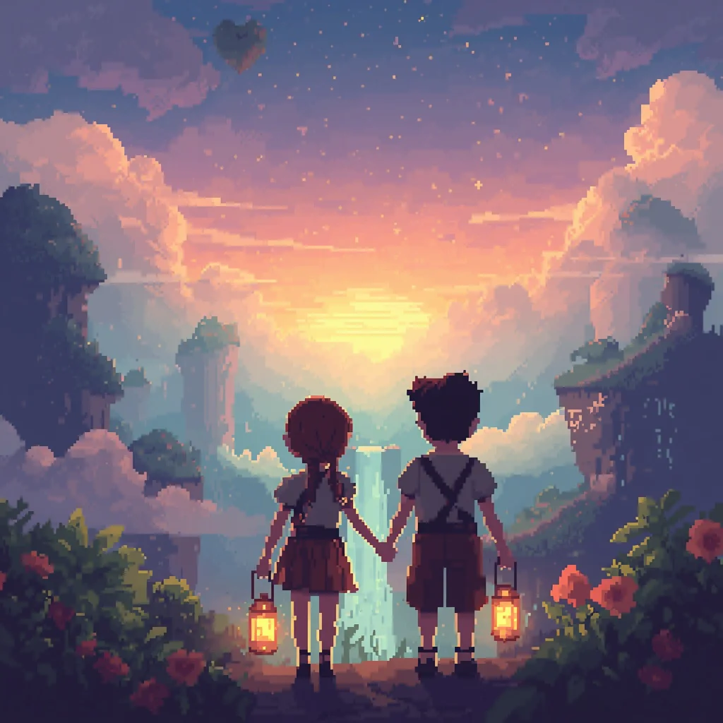 Pixel Art Dreamscape: A Retro Couple's Adventure — AI image prompt