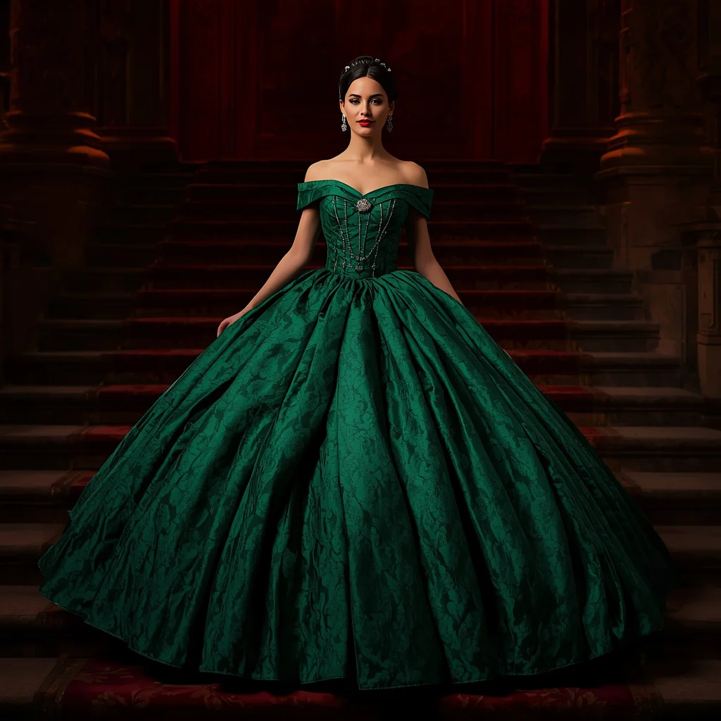 Regal Confidence in an Emerald Green Brocade Ball Gown — AI image prompt