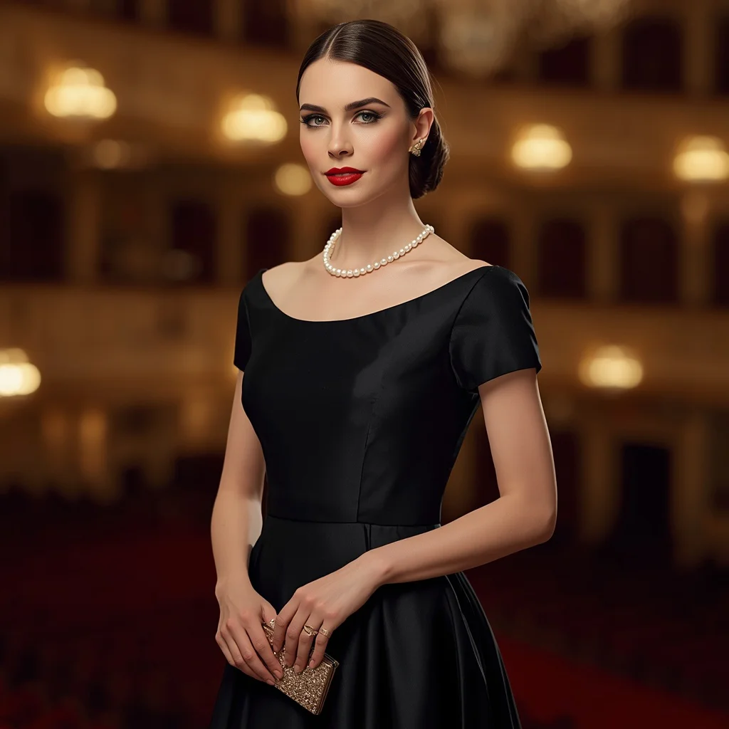 Sophisticated Opera Night: A Classic Black A-Line Gown — AI image prompt