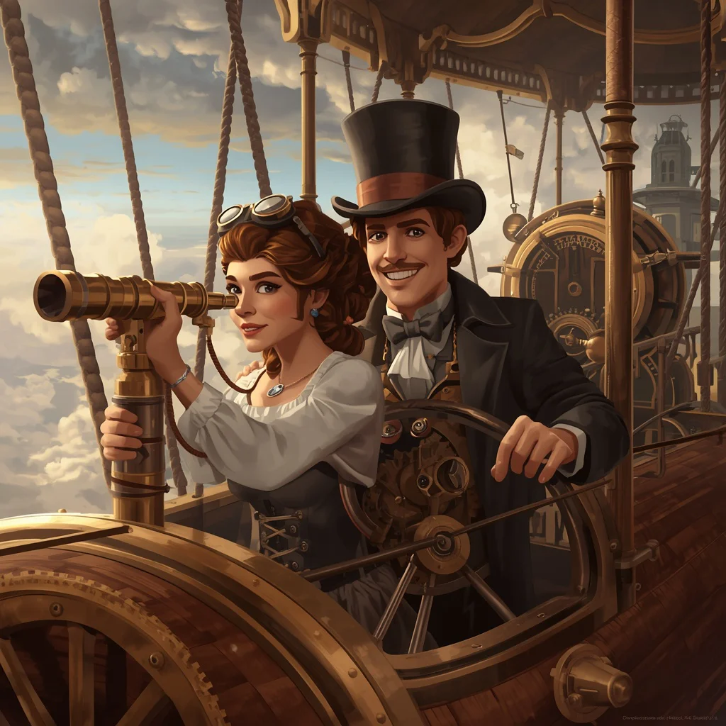 Steampunk Airship Adventure: A Quirky Couple Portrait — AI image prompt